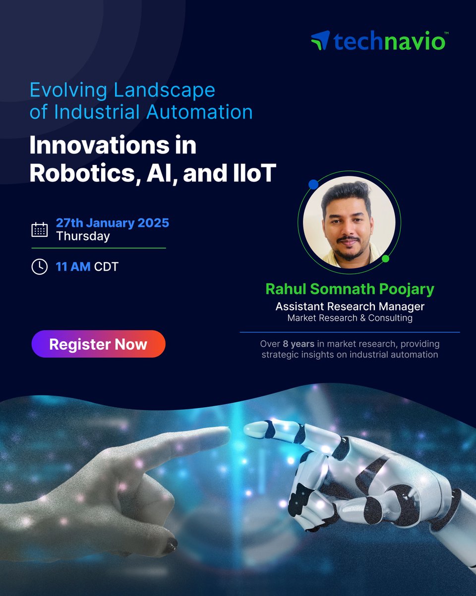 Technavio (@technavio) on Twitter photo Join Technavio’s FREE Webinar: Evolving Landscape of Industrial Automation
Explore #Robotics, #AI, #IIoT trends transforming manufacturing. Insights, strategies & Q&A!
27-Jan 2025
11:00 AM CDT
Register for FREE : shorturl.at/OAaS7
#automationtesting
<a href="/Infiniti_Res/">Infiniti Research</a> Join Technavio’s FREE Webinar: Evolving Landscape of Industrial Automation
Explore #Robotics, #AI, #IIoT trends transforming manufacturing. Insights, strategies & Q&A!
27-Jan 2025
11:00 AM CDT
Register for FREE : shorturl.at/OAaS7
#automationtesting
<a href="/Infiniti_Res/">Infiniti Research</a>