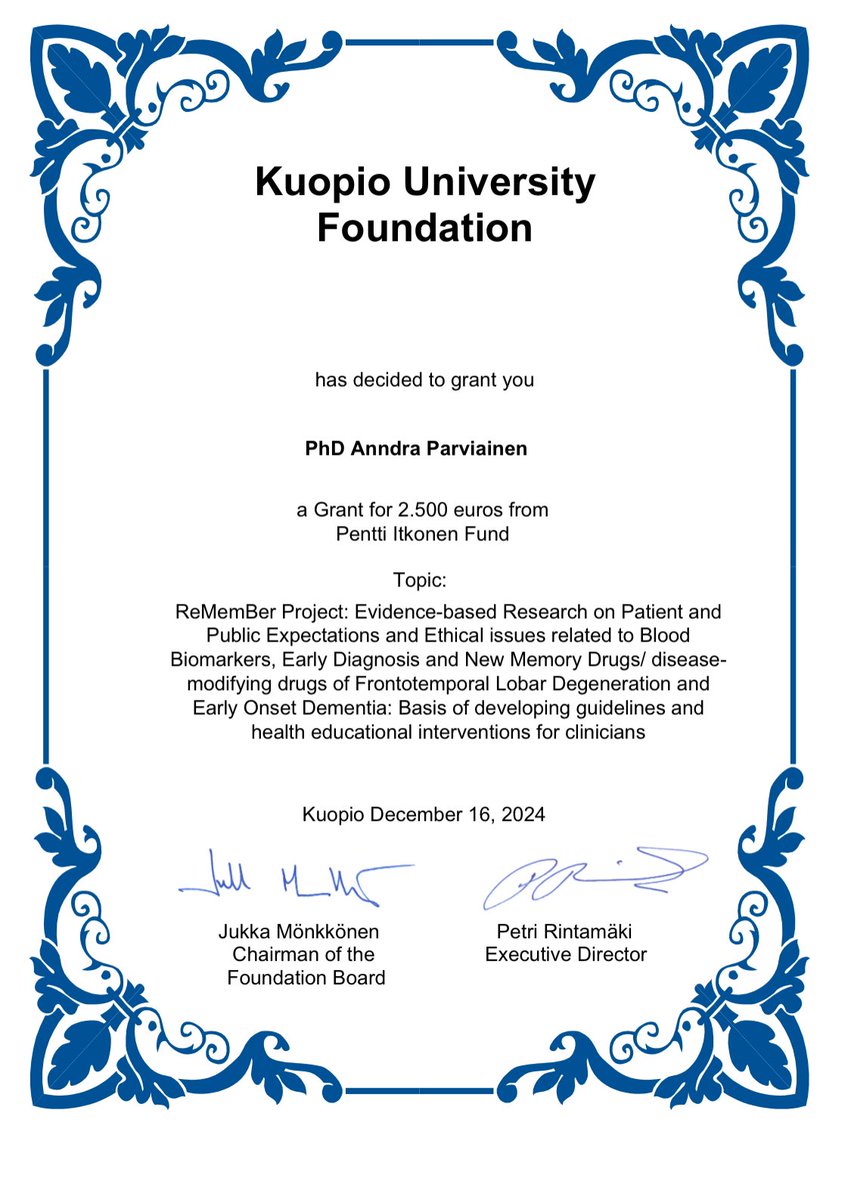 Thank you Kuopio University Foundation for the research grant <a href="/UEF_BRU/">UEF Brain Research Unit</a> <a href="/SoljeEino/">Eino Solje</a> Prof. Alina Solomon Dr. Arja Halkoaho #ReMemBer project #post doc #Alzheimer #brainhealthpromotion lnkd.in/e3APj45H