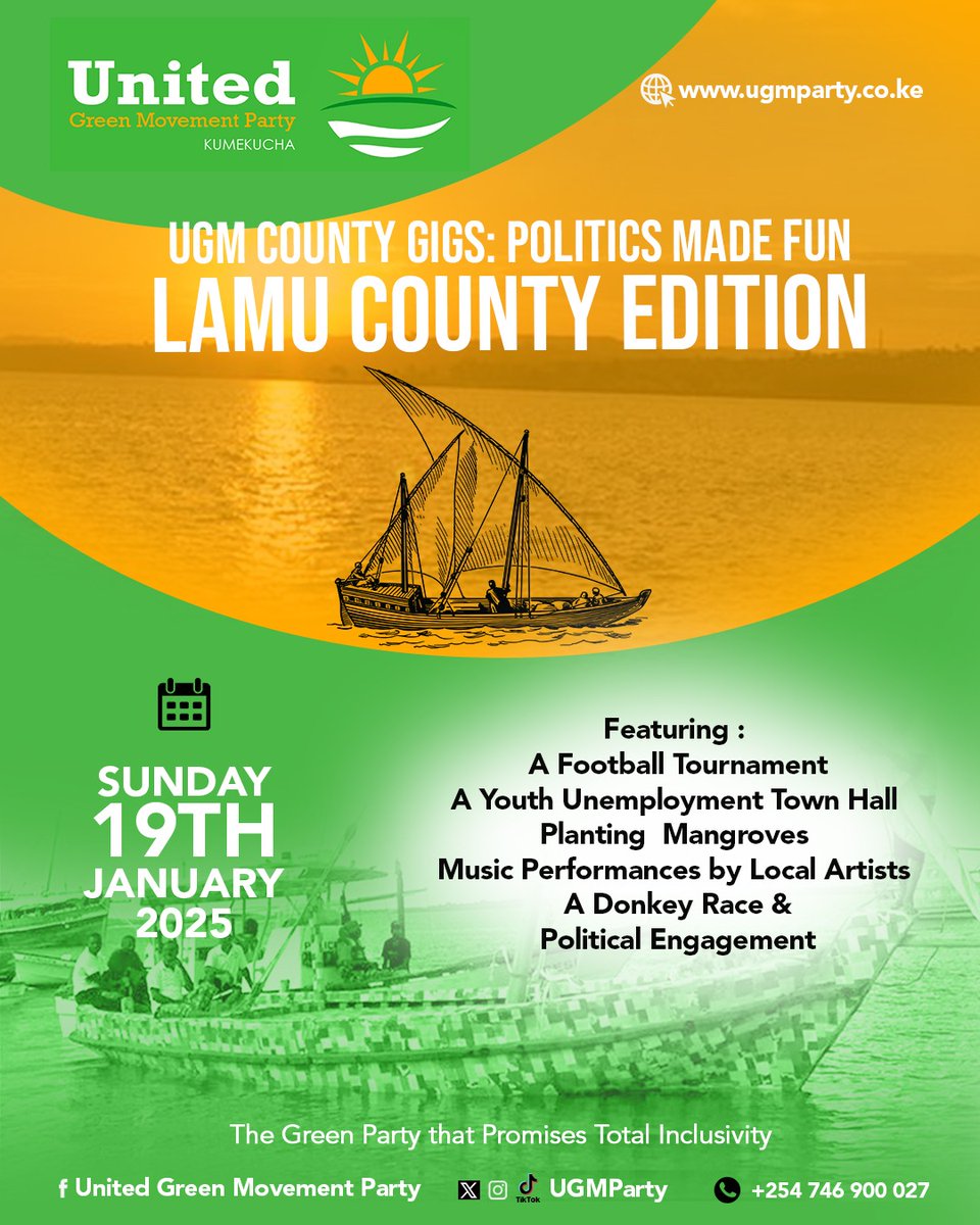 United Green Movement (@ugmparty) on Twitter photo 📢Save the Date📢
The Greens are coming to Lamu County 🌊
<a href="/Brenda_Ongalo/">Achieng' Ongalo</a>
<a href="/Bin_ely/">Mohamed Bin Ali</a> <a href="/Lizie2016/">NyarAduen NyarSuba</a> <a href="/martokilili/">Engineer Marto</a>
#UgmParty #Kumekucha 📢Save the Date📢
The Greens are coming to Lamu County 🌊
<a href="/Brenda_Ongalo/">Achieng' Ongalo</a>
<a href="/Bin_ely/">Mohamed Bin Ali</a> <a href="/Lizie2016/">NyarAduen NyarSuba</a> <a href="/martokilili/">Engineer Marto</a>
#UgmParty #Kumekucha