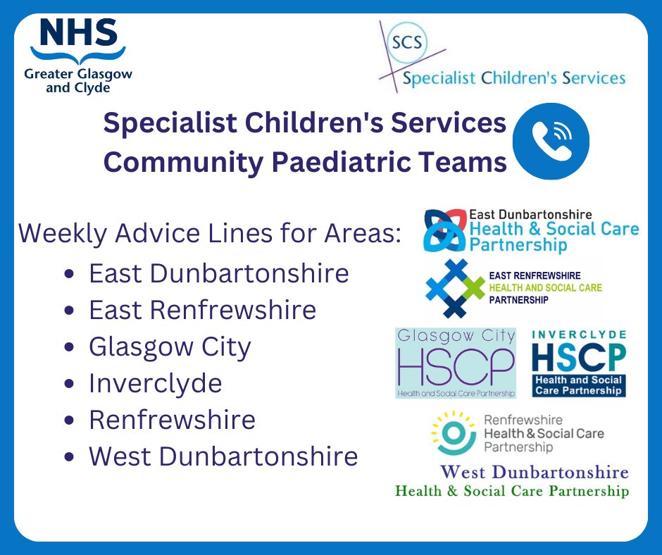 Specialist Children's Services run weekly advice lines for parents/carers or anyone working with children &amp; young people. Click below for more info:

Occupational Therapy
nhsggc.org.uk/kids/healthcar…

Physiotherapy
nhsggc.org.uk/kids/healthcar…

Speech and Language
nhsggc.org.uk/kids/healthcar…