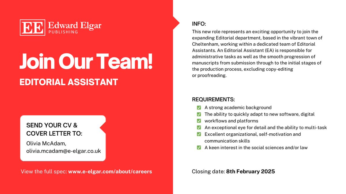 📣 We are currently looking for an Editorial Assistant to join our team at Edward Elgar Publishing!     

For more info visit: e-elgar.com/about/careers/    

Applications close 8th February 2025

#CareersInPublishing #PublishingCareers #Publishing #Editorial #Hiring