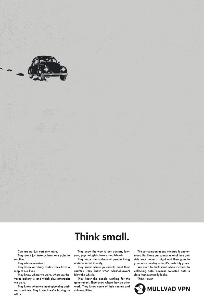 Mullvad.net (@mullvadnet) on Twitter photo A classic ad in today’s <a href="/nytimes/">The New York Times</a>. It’s a message to all companies, in all industries, all over the world: minimize your data collection, because collected data is data that eventually leaks. A classic ad in today’s <a href="/nytimes/">The New York Times</a>. It’s a message to all companies, in all industries, all over the world: minimize your data collection, because collected data is data that eventually leaks.