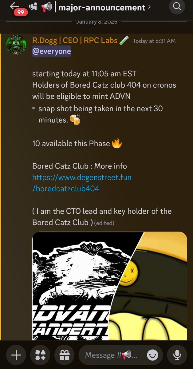 ArtofNickTaylor's tweet image. 📸 snapshot at 7am EST
@BoredCatzClub 404 holder WL 

Mint start 11:05am EST
Duration : 48 Hours

@ADVN_NFT Tier 1 NFT from @ArtofNickTaylor 🤜🤛

10/150 available to mint
1 per wallet
#FCFS

mint link:
fair.xyz/collection/ADV…