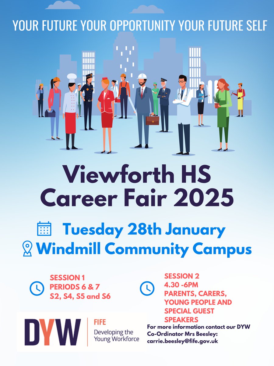 ViewforthHS's tweet photo. All Parents, Carers and members of the community are welcome to attend our Careers Fair.
Some of our partners who will be in attendance are Fife College, Army, Royal Navy, Babcock, NHS, ScotRail, AHR Architects and many more.
#futurecareers #worktogetherachievetogether #DYWFife https://t.co/Y4GHeOzJvz