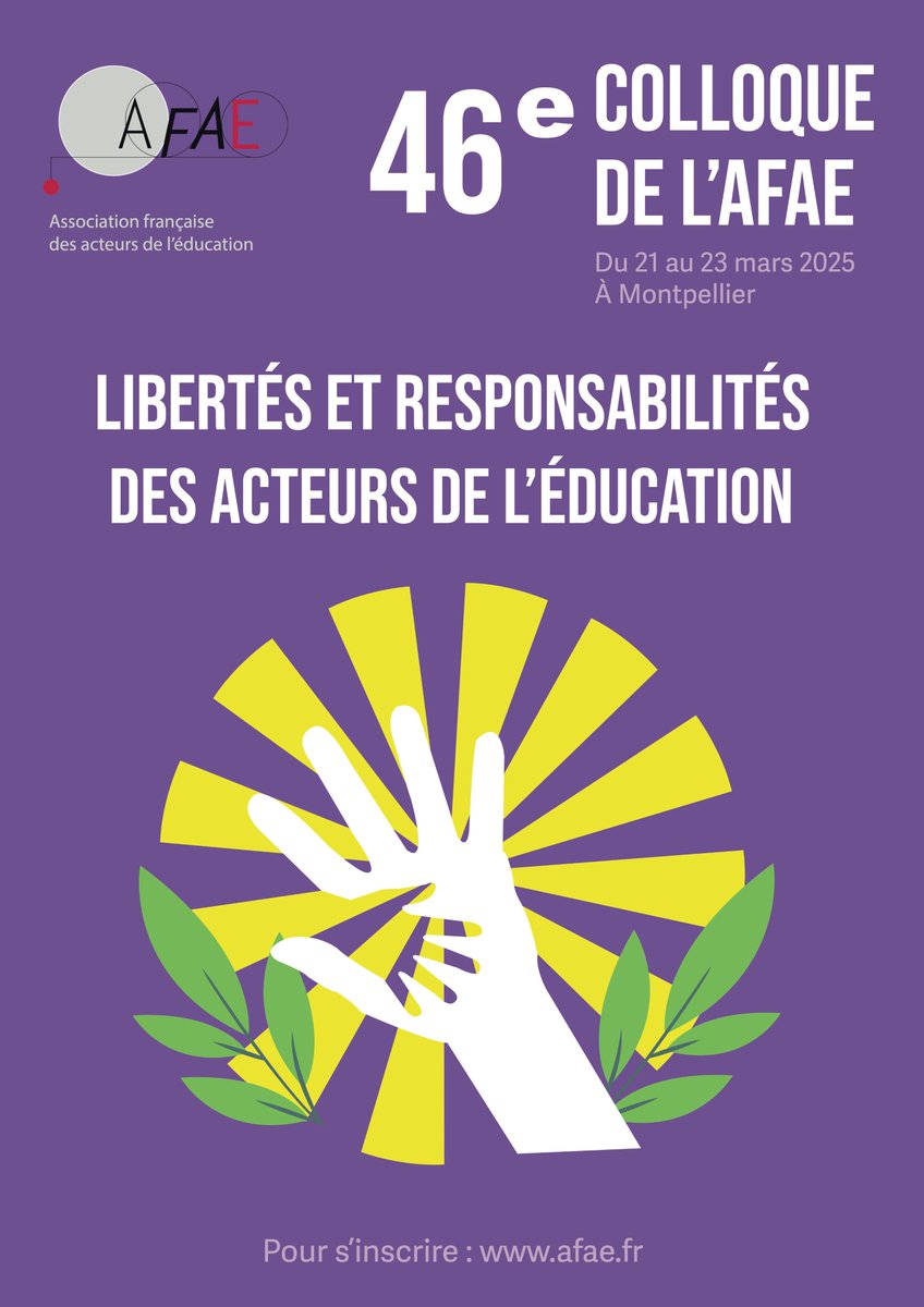46e colloque national de l'AFAE à Montpellier,  les 21, 22 et 23 mars 2025 :

"Libertés et responsabilités des acteurs de l'éducation"
  
Programme, renseignements et inscription en ligne : afae.fr/colloques/46e-…