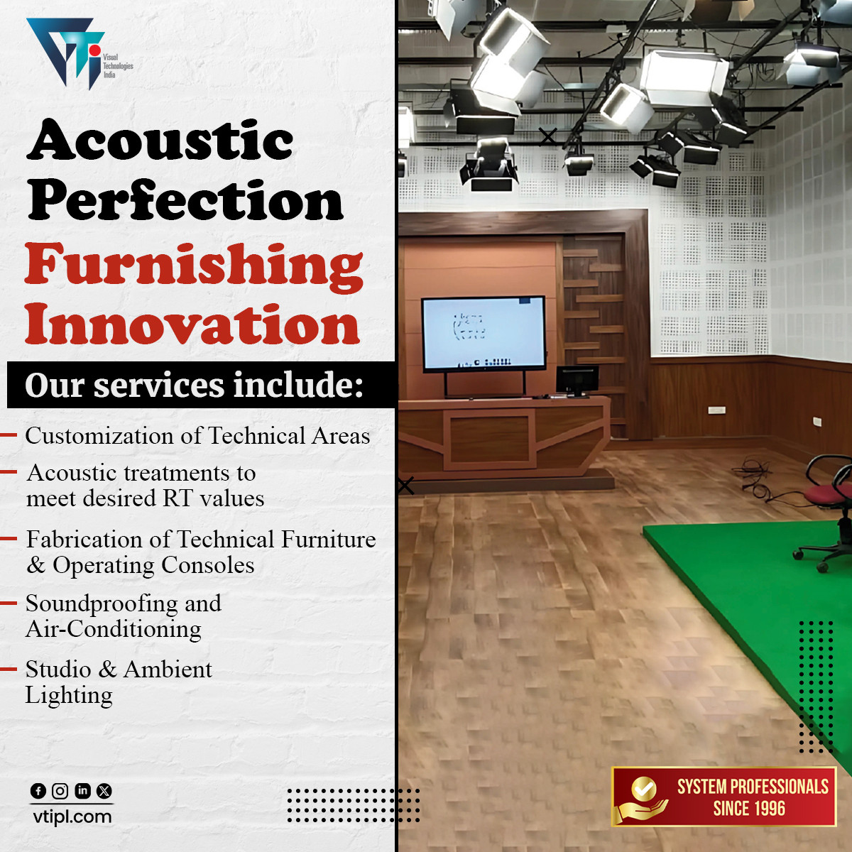 vtipl_india's tweet image. Need a workspace upgrade?

From acoustics to technical furniture, we design and build it all. Your dream studio or workspace, reimagined. Contact us now! ✨

#WorkspaceDesign #AcousticTreatment #TechInteriors #StudioLighting #CustomFurniture #VTIPL