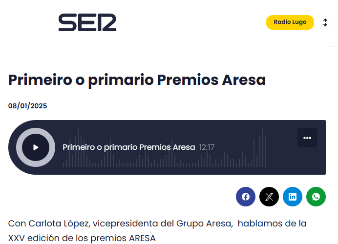 #EnRadio🆕A vicepresidenta do Grupo Aresa, Carlota López, foi entrevistada en <a href="/radiolugoser/">Radio Lugo Cadena SER</a> sobre a traxectoria do Premio Aresa, os obxectivos deste galardón e o palmarés das súas vinte e catro edicións.

Podes escoitala de novo nesta ligazón:
cadenaser.com/audio/17363209…