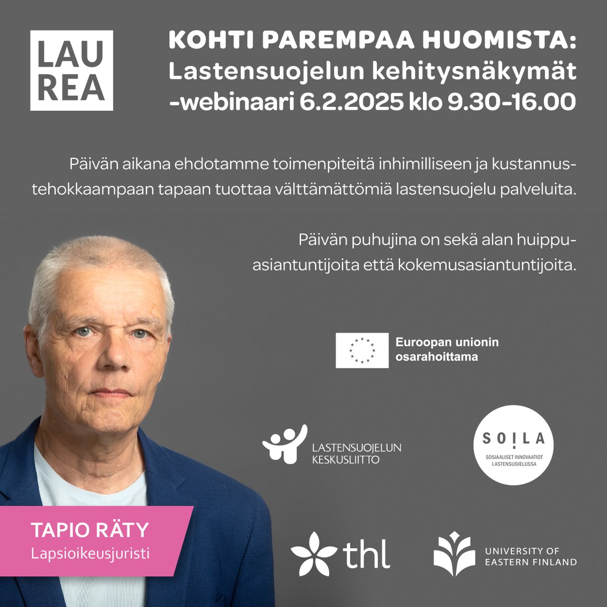 Lastensuojelun Keskusliitto (@lastensuojelukl) on Twitter photo Millaisia kehitysnäkymiä lastensuojelulla on?
💬💡Tästä keskustellaan webinaarissa 6.2.2025 Kohti parempaa huomista: Lastensuojelun kehitysnäkymät!
👉Tutustu ohjelmaan ja ilmoittaudu mukaan: lskl.fi/tapahtumat/koh…
#LastenSuojelu <a href="/laureauas/">Laurea-ammattikorkeakoulu</a> <a href="/THLorg/">THL</a> <a href="/UniEastFinland/">University of Eastern Finland</a> Millaisia kehitysnäkymiä lastensuojelulla on?
💬💡Tästä keskustellaan webinaarissa 6.2.2025 Kohti parempaa huomista: Lastensuojelun kehitysnäkymät!
👉Tutustu ohjelmaan ja ilmoittaudu mukaan: lskl.fi/tapahtumat/koh…
#LastenSuojelu <a href="/laureauas/">Laurea-ammattikorkeakoulu</a> <a href="/THLorg/">THL</a> <a href="/UniEastFinland/">University of Eastern Finland</a>
