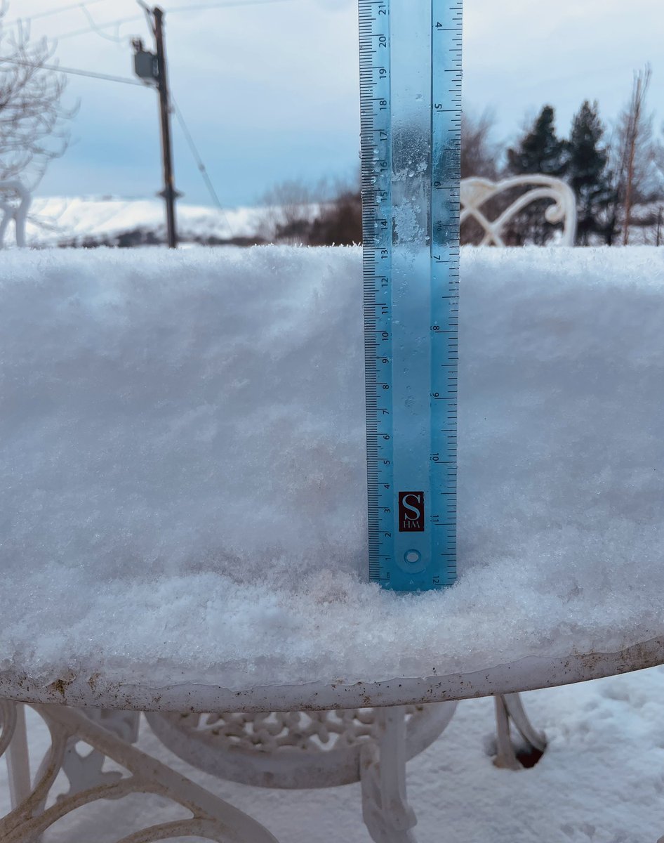 Finally made it the patio table which is away from any drifting. Measuring over 13cm and I reckon we lost about 4-6cm on Sunday evening when it rained. #uksnow at 1000ft #Diggle <a href="/ChadWeather/">Oldham Weather</a> <a href="/andyatdelph/">Andy Clark</a>