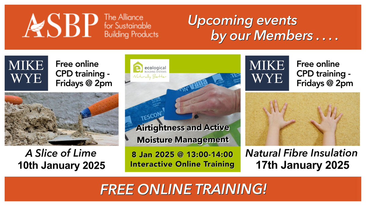 ASBP (@asbp_uk) on Twitter photo Free online training coming up in January by our Members - asbp.org.uk/partner-member….
8/01. Airtightness & Active Moisture Management <a href="/ecologicalbuild/">Ecological Building Systems</a>
10/01 (& 28/03) Lime. Mike Wye
17/01 (& 4/04) Natural Fibre Insulation. Mike Wye Free online training coming up in January by our Members - asbp.org.uk/partner-member….
8/01. Airtightness & Active Moisture Management <a href="/ecologicalbuild/">Ecological Building Systems</a>
10/01 (& 28/03) Lime. Mike Wye
17/01 (& 4/04) Natural Fibre Insulation. Mike Wye