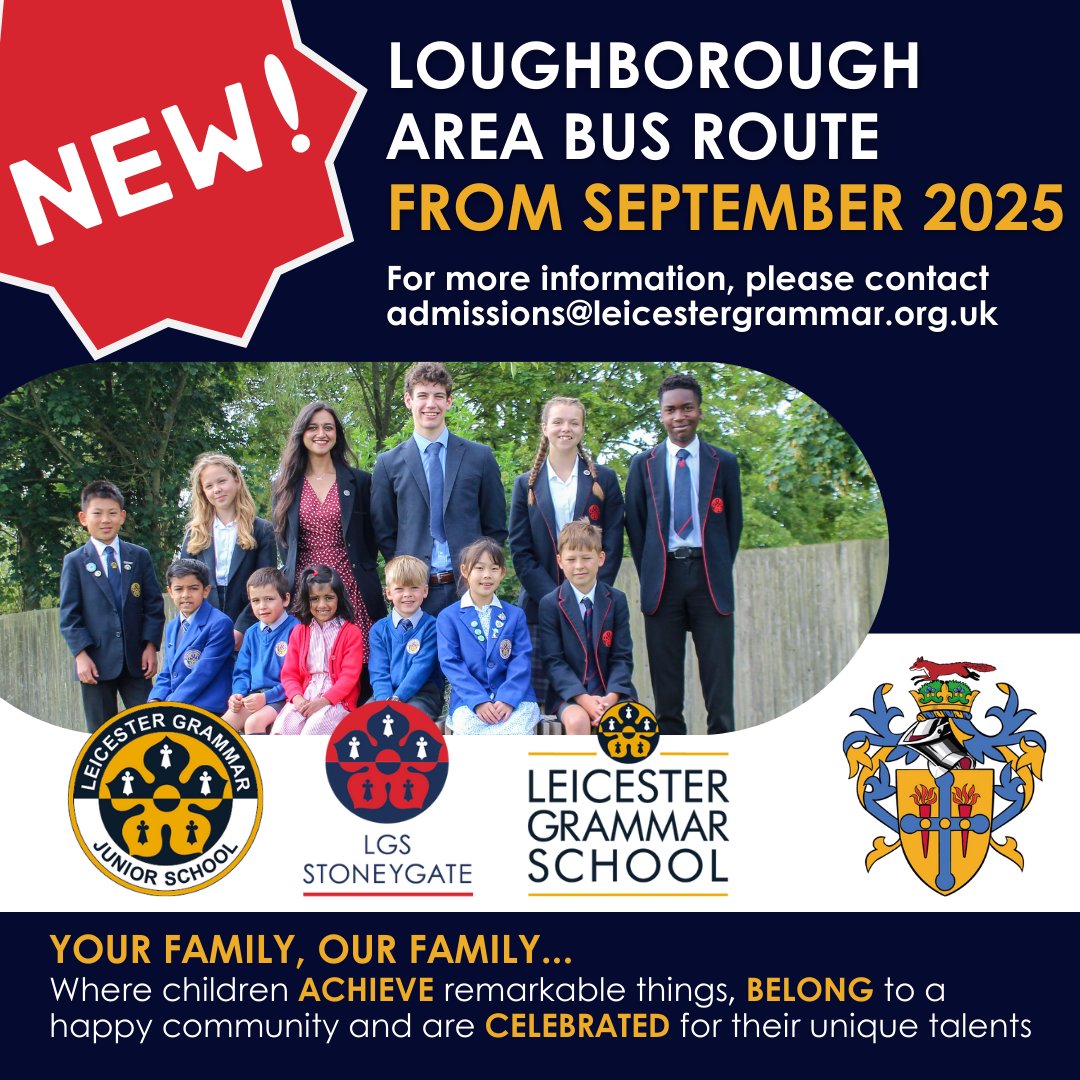 Leicester Grammar School (@lgs_senior) on Twitter photo From Sept 2025 we're introducing a brand-new bus route connecting families in the Loughborough area to the LGS Trust! Join our community backed by the strength, stability & success of a financially secure Trust with a bright future. Contact admissions@leicestergrammar.org.uk From Sept 2025 we're introducing a brand-new bus route connecting families in the Loughborough area to the LGS Trust! Join our community backed by the strength, stability & success of a financially secure Trust with a bright future. Contact admissions@leicestergrammar.org.uk