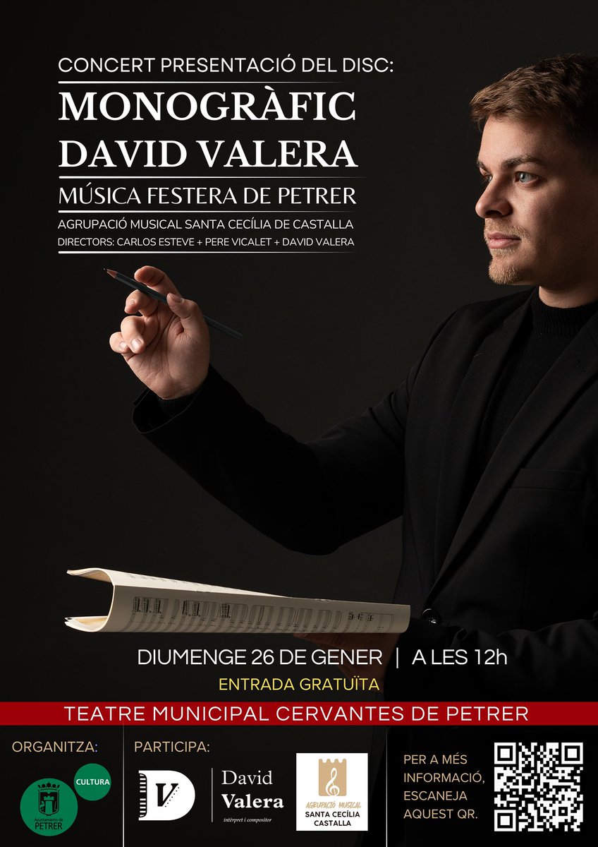 CONCERT DE PRESENTACIÓ DEL DISC MONOGRÀFIC DE MÚSICA FESTERA

Amb gran emoció, vos convide a assistir al concert de presentació del meu disc Monogràfic de Música Festera, que tindrà lloc el pròxim diumenge 26 de gener de 2025, a les 12:00 hores, al Teatre Cervantes de Petrer.