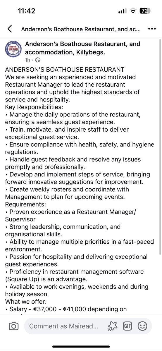 1- If you know of anyone suitable, we are hiring for restaurant manager position as our lovely manager Tina is leaving us. Just a quick job description in photo. Salary will range €37k-€41k depending on experience. We also give a bonus at Christmas &amp; gratuities extra.
