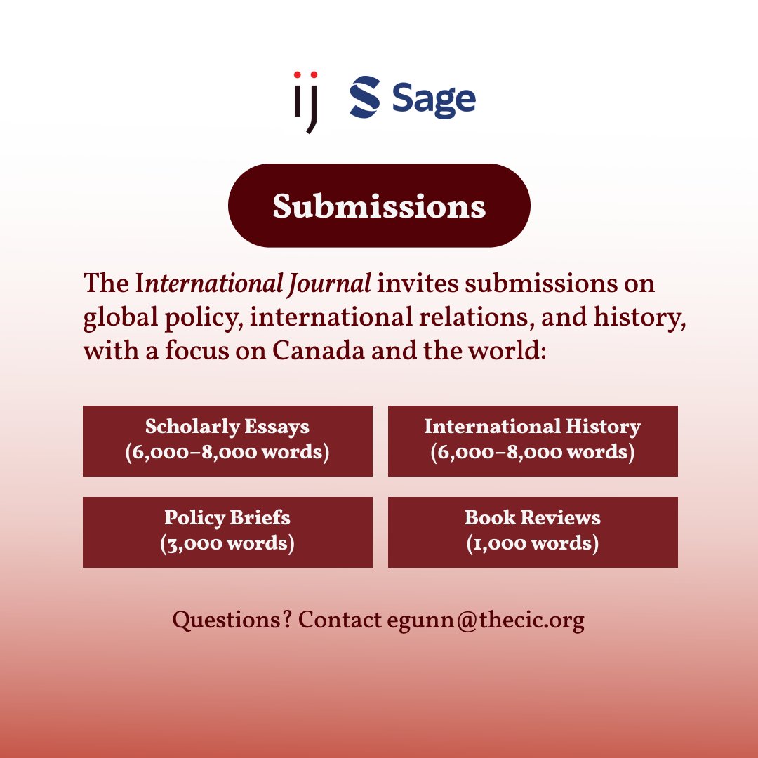 📣 Call for Papers:
• Essays (6–8k): Global policy, intl. relations, history (Global South, Canada &amp; world).
• Policy Briefs (3k)
• Intl. History (6–8k) or Lessons of History (5k)

✍ Submission guidelines here: journals.sagepub.com/author-instruc…