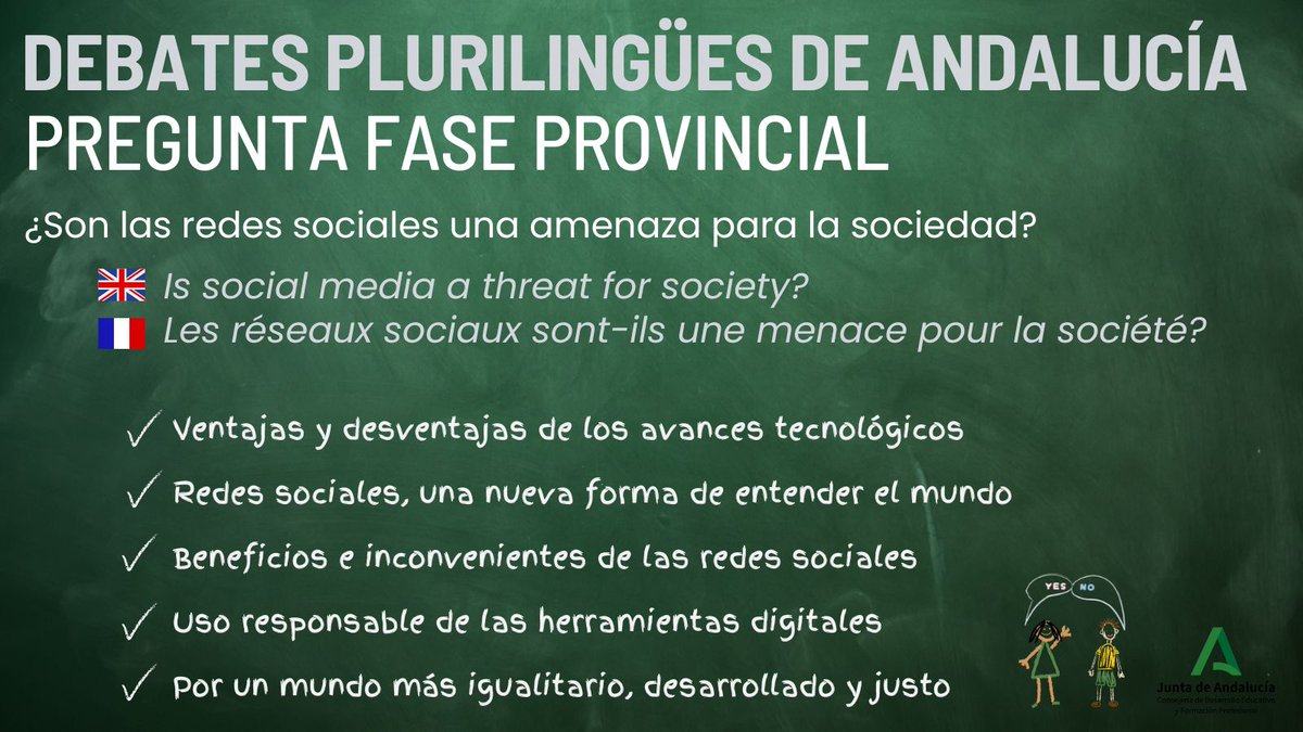 Publicación de la pregunta para la fase provincial del Torneo de Debate Educativo "Debates Plurilingües de Andalucía" 2024/2025.
Más información en el enlace: juntadeandalucia.es/educacion/port…

#PluriAnd
#DebatesPluriAnd
<a href="/EducaAnd/">Consejería Desarrollo Educativo y FP</a>
