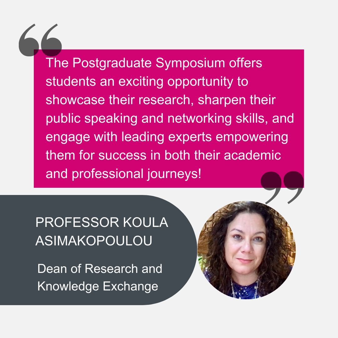 The countdown begins to the #BrookesPGSymposium! Prof. Asimakopoulou (Dean of Research and Knowledge Exchange) shares her thoughts.

📅16th January 2025
🕟Welcome tea + coffee 08:15. Talks/posters 09:00 - 16:15
📍JHB Lecture Theatre + JHB Rooms 208 + 308
