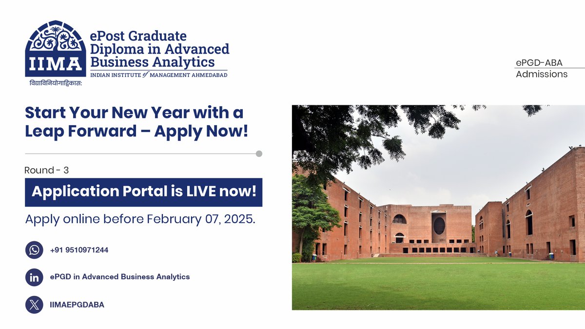 Start the 2025 with a Leap Forward!

Round-3 Admissions Open for the 2025-26 ePGD-ABA programme at IIM Ahmedabad.

Apply here: epgd-aba.iima.ac.in/round3/login.h…

Round-3 Application Deadline: February 07, 2025.