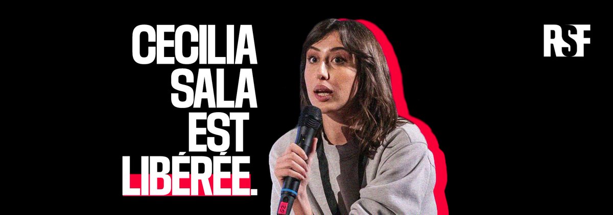 RSF_inter's tweet photo. La libération de la reporter italienne Cecilia Sala, qui était détenue depuis le 19/12 en #Iran, est un immense soulagement. Maintenant, les 25 journalistes toujours détenus dans les prisons iraniennes doivent eux aussi être libérés.
#LeJournalismeNEstPasUnCrime! https://t.co/SiLcQCJyQN
