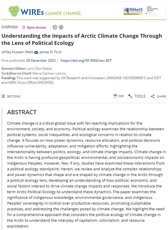 🪴New Overview published in <a href="/WIREs_Reviews/">Wiley Interdisciplinary Reviews</a> Climate Change by Ishfaq Hussain Maliks and <a href="/ccadapt/">James D. Ford</a>🪴

'Understanding the Impacts of Arctic Climate Change Through the Lens of Political Ecology'. #OpenAccess

doi.org/10.1002/wcc.927