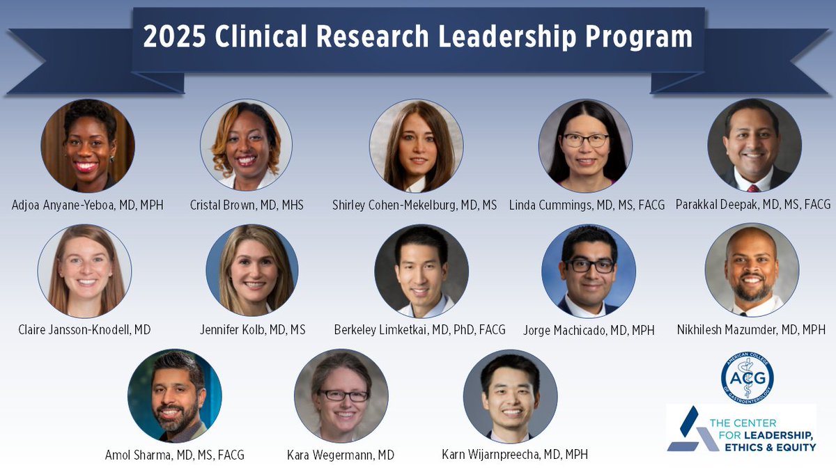 ACG (@amcollegegastro) on Twitter photo Introducing the 2025 Clinical Research Leadership Program #CRLP cohort!
These physician-scientists will receive training in clinical research management & convene w/ other #ACGInstitute programs at #LeadershipYOU in June 2025.
🎉Congrats!
#ACGfamily #FutureofGI <a href="/NeenaSAbrahamMD/">Neena S Abraham MD MACG FASGE AGAF</a> Introducing the 2025 Clinical Research Leadership Program #CRLP cohort!
These physician-scientists will receive training in clinical research management & convene w/ other #ACGInstitute programs at #LeadershipYOU in June 2025.
🎉Congrats!
#ACGfamily #FutureofGI <a href="/NeenaSAbrahamMD/">Neena S Abraham MD MACG FASGE AGAF</a>