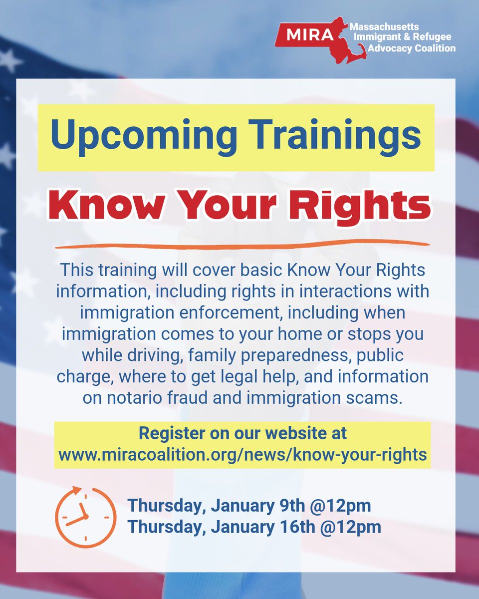 Join us for our upcoming 'Know Your Rights' trainings this month.

Register on our website ➡️ miracoalition.org/news/know-your…

#knowyourrights #miracoalition #immigrantsmatter #immigrantrights #massachusetts
