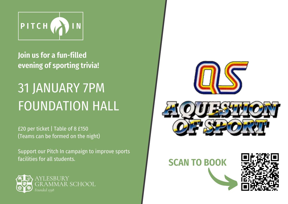 AGSFounded1598's tweet image. ⏰ Reminder: The Question of Sport Quiz is just around the corner! 🏆 Join us on January 31 at 7 PM in the Foundation Hall.

This event is open to everyone in the AGS community, so don’t miss out!

🎟️ Get your tickets now: alumni.ags.bucks.sch.uk/event/a-questi…

#AGSQuiz #QuestionOfSport