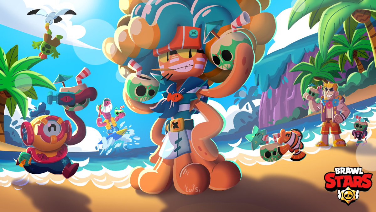 Brawler concept: 🌴

"Koko is a sea anemone who works selling coconut water at the Starr risort, but whenever he can he skips work to enjoy the sea waves and have fun with his friends from the deep."

(1/9) 🧵
#BrawlStars #BrawlStarsArt