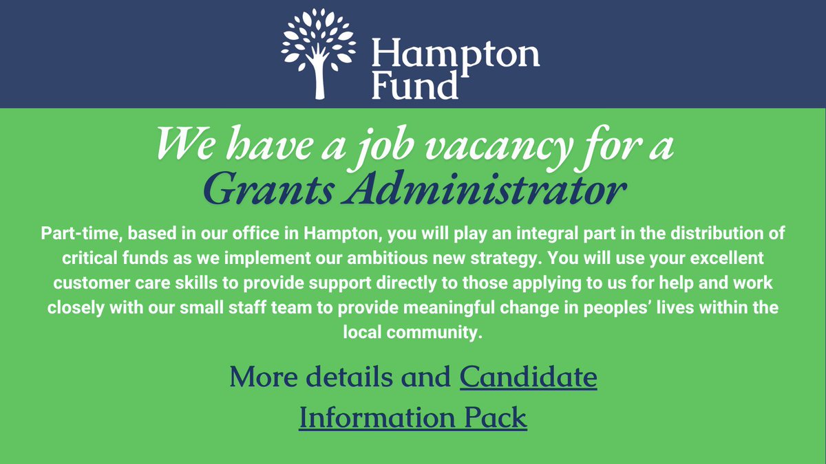 Do you have a passion for community based support, with strong organisational and customer care skills and the ability to work with numerical and financial information?
We would love to hear from you! Full details and info pack at:
hamptonfund.co.uk/.../job-vacanc…