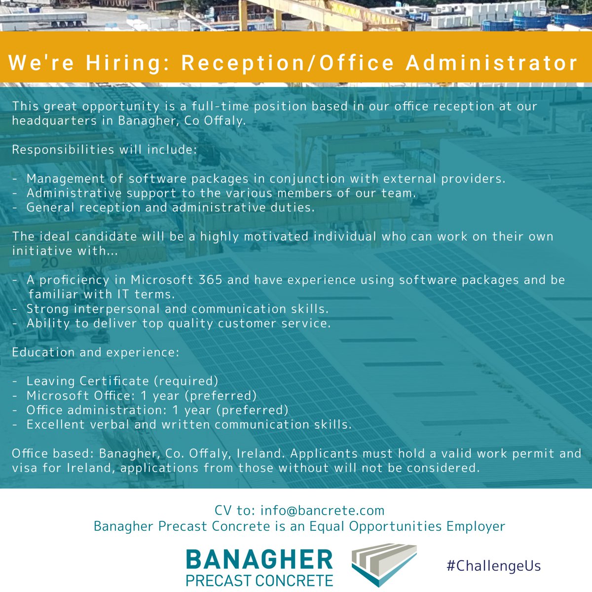 Banagher Precast Concrete (@banagherprecast) on Twitter photo New year new start?? We're seeking an enthusiastic reception and office administrator to join our team. This full-time position is based at our headquarters in Banagher. Email CV to: info@bancrete.com
#JobSearch #BuildingFutures #JobOpportunity
#ChallengeUs New year new start?? We're seeking an enthusiastic reception and office administrator to join our team. This full-time position is based at our headquarters in Banagher. Email CV to: info@bancrete.com
#JobSearch #BuildingFutures #JobOpportunity
#ChallengeUs