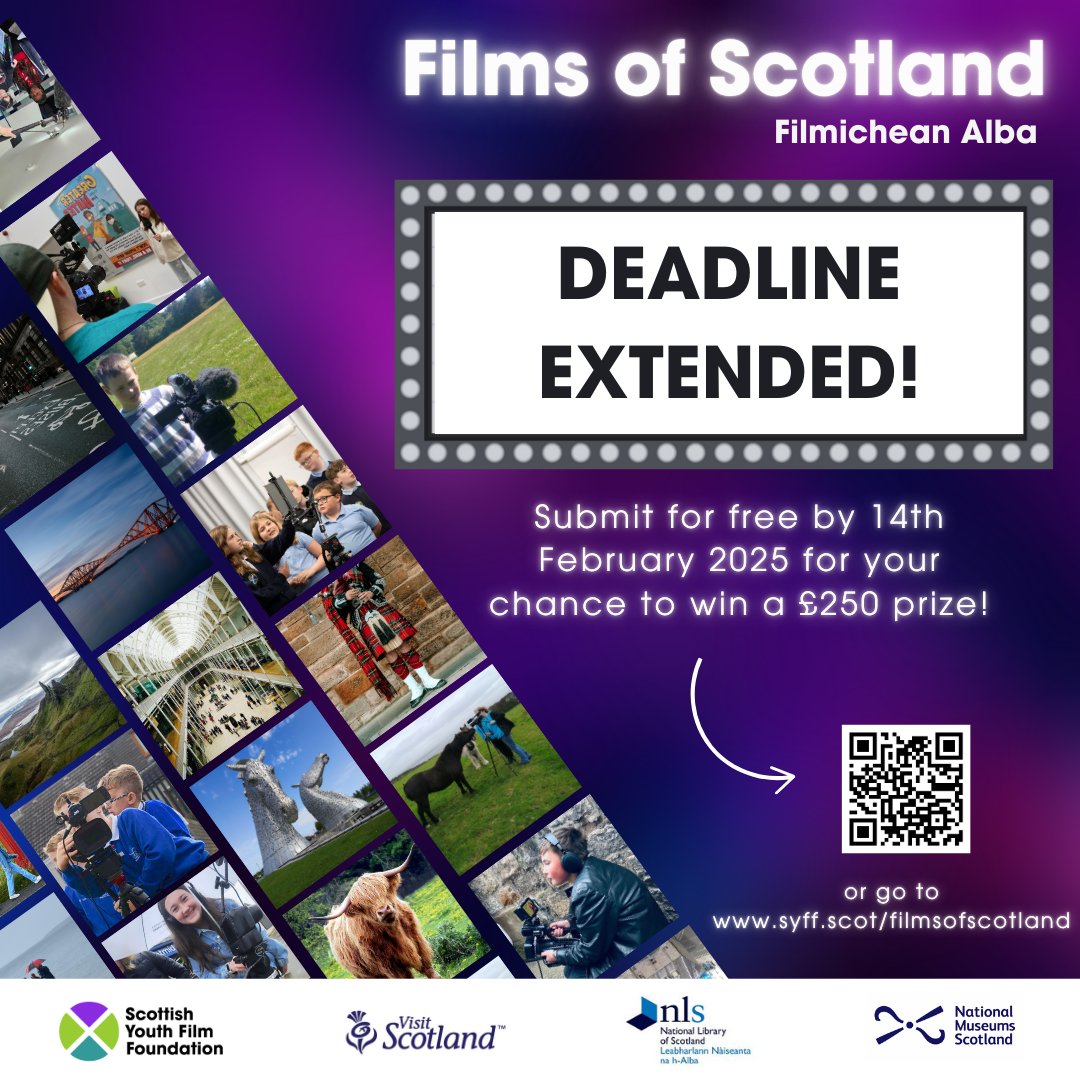 thisissyff's tweet image. That's right, you now have 2 extra weeks to get your films in to our new Films of Scotland competition! 🎉
We've extended the deadline to the 14th February 2025.
Enter to be in for the the chance to win £250 and have your film screened at the National Museum of Scotland!