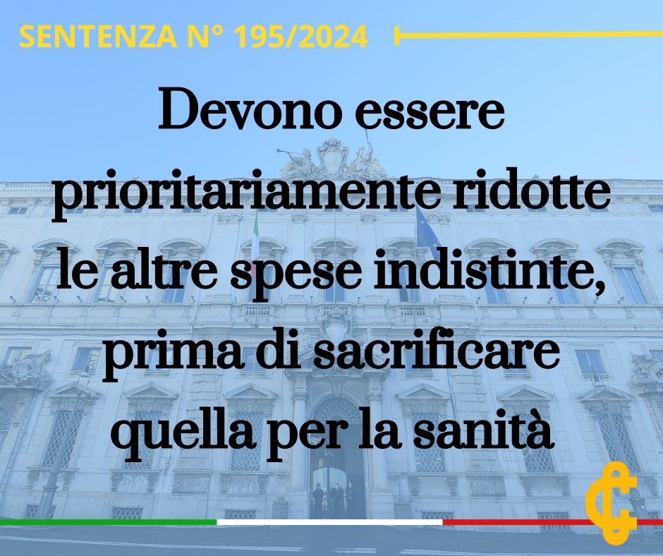 Devono essere prioritariamente ridotte le altre spese indistinte, prima di sacrificare quella per la sanità.

youtu.be/t54ghYAOndU?fe…

La #sentenza n°195/2024 in 3 minuti per la serie di #podcast della #Cortecostituzionale.