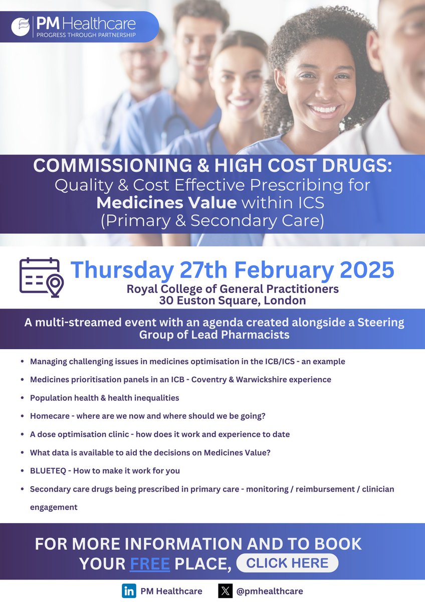 To register your 𝐟𝐫𝐞𝐞 place at the PM Healthcare Commissioning &amp; High Cost Drugs: Quality &amp; Cost Effective Prescribing for Medicines Value within the ICS, click the link below:

pmhealthcare.co.uk/events/2025/2/…

This event will be funded by the Pharmaceutical Industry.