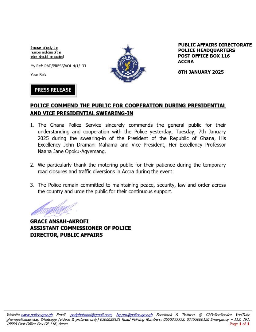 𝐏𝐑𝐄𝐒𝐒 𝐑𝐄𝐋𝐄𝐀𝐒𝐄:

𝐏𝐎𝐋𝐈𝐂𝐄 𝐂𝐎𝐌𝐌𝐄𝐍𝐃 𝐓𝐇𝐄 𝐏𝐔𝐁𝐋𝐈𝐂 𝐅𝐎𝐑 𝐂𝐎𝐎𝐏𝐄𝐑𝐀𝐓𝐈𝐎𝐍 𝐃𝐔𝐑𝐈𝐍𝐆 𝐏𝐑𝐄𝐒𝐈𝐃𝐄𝐍𝐓𝐈𝐀𝐋 𝐀𝐍𝐃 𝐕𝐈𝐂𝐄 𝐏𝐑𝐄𝐒𝐈𝐃𝐄𝐍𝐓𝐈𝐀𝐋 𝐒𝐖𝐄𝐀𝐑𝐈𝐍𝐆-𝐈𝐍