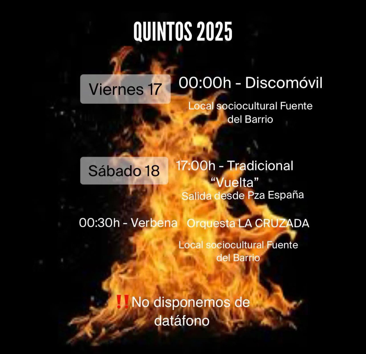 🥳El 17 y 18 de enero #Chera celebra su tradicional fiesta de los Quintos. 

🗓️Viernes 17:
- 00:00h: DISCOMOVIL en el local socio-cultural.

🗓️ Sábado 18: 
- 17:00h: Tradicional VUELTA, con salida desde la Plaza de España.
- 00:30h: ORQUESTA LA CRUZADA, en el Local Socio-cultural