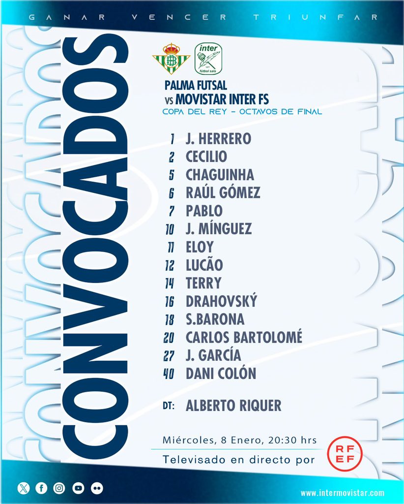 ✅ 𝗖𝗢𝗡𝗩𝗢𝗖𝗔𝗧𝗢𝗥𝗜𝗔 𝗖𝗢𝗣𝗔 𝗗𝗘𝗟 𝗥𝗘𝗬 🆚 @RealBetisFS ⚽

👉🏻 Los 1️⃣4️⃣ elegidos por Alberto Riquer para disputar nuestro segundo partido en la competición del KO 🙌🏻

‼️ Recuerda que podrás seguir el partido a través de 𝐓𝐕 por youtube.com/watch?v=NIfXXV… 👀

𝑮𝒐! 🚀