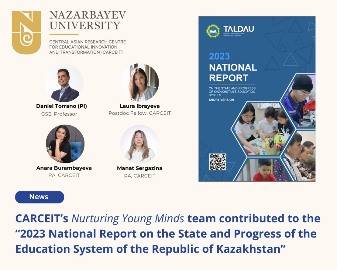 NU CARCEIT (@carceit) on Twitter photo Excited to share CARCEIT's role in the 2023 National Report on #Education in #Kazakhstan! 🇰🇿 Our 'Nurturing Young Minds' team led by Prof. Daniel Hernández-Torrano contributed insights on Early Childhood Education (#ECE).
Access here: taldau.edu.kz/publikaciya/na…
<a href="/danielht_/">Daniel Hernández-Torrano</a> Excited to share CARCEIT's role in the 2023 National Report on #Education in #Kazakhstan! 🇰🇿 Our 'Nurturing Young Minds' team led by Prof. Daniel Hernández-Torrano contributed insights on Early Childhood Education (#ECE).
Access here: taldau.edu.kz/publikaciya/na…
<a href="/danielht_/">Daniel Hernández-Torrano</a>