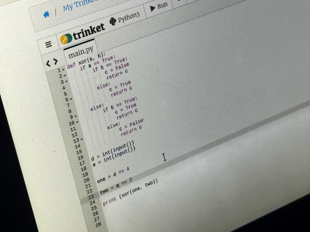 DHSB_MrScott's tweet image. Year 9 are creating subroutines to emulate an XOR gate in Python whilst others are preparing for Choices Evening programming robots and LEGO Spike creations @TrinketIO #GCSEComputerScience 💻 → #ComputerScience @dhsboys @raisingrobots @LEGO_Education