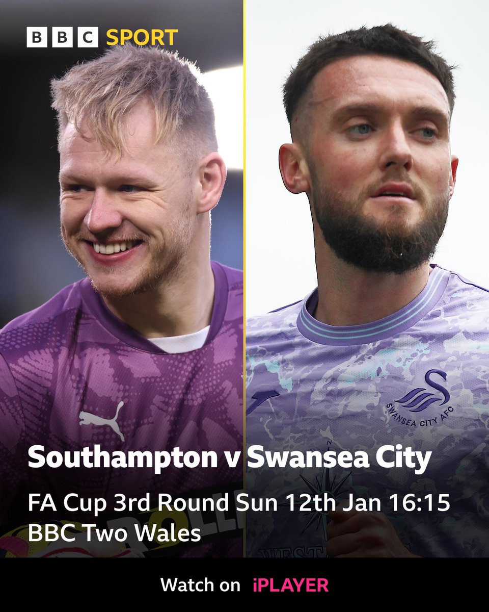 BBC Sport Wales (@bbcsportwales) on Twitter photo We've got more FA Cup third round action for you on Sunday as Southampton host Swansea City ⚽
<a href="/catheledd/">Catrin Heledd</a> will be joined by <a href="/ShaneLong7/">Shane Long</a> and Sam Vokes 🏆
Coverage on BBC Two Wales 16:15 on Sunday 📺
#BBCFootball We've got more FA Cup third round action for you on Sunday as Southampton host Swansea City ⚽
<a href="/catheledd/">Catrin Heledd</a> will be joined by <a href="/ShaneLong7/">Shane Long</a> and Sam Vokes 🏆
Coverage on BBC Two Wales 16:15 on Sunday 📺
#BBCFootball