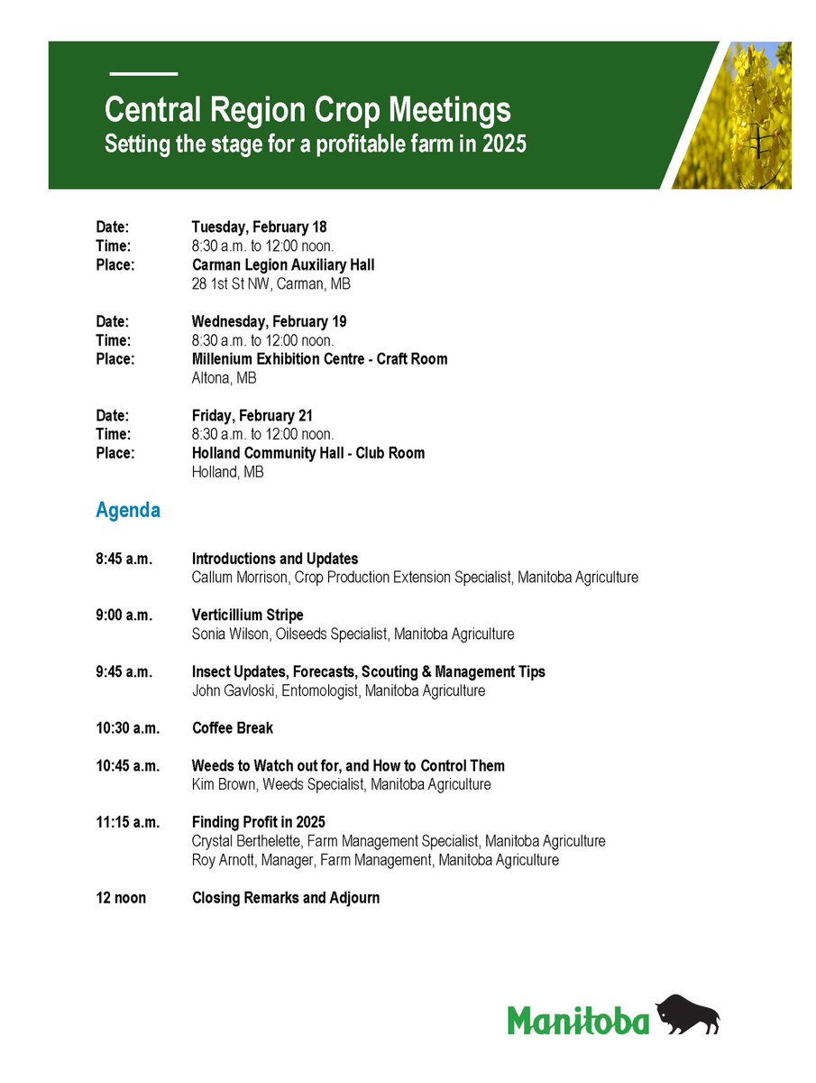 Join <a href="/MBGovAg/">Manitoba Agriculture</a> for our 2025 Central Region Crop Meetings 8:30 AM - noon on:
- Feb 18: Carman Ladies Auxiliary Hall
- Feb 19: Altona Millennium Ex Centre
- Feb 21: Holland Community Hall
Mark your calendars!
#MBAg #WestCdnAg #CdnAg