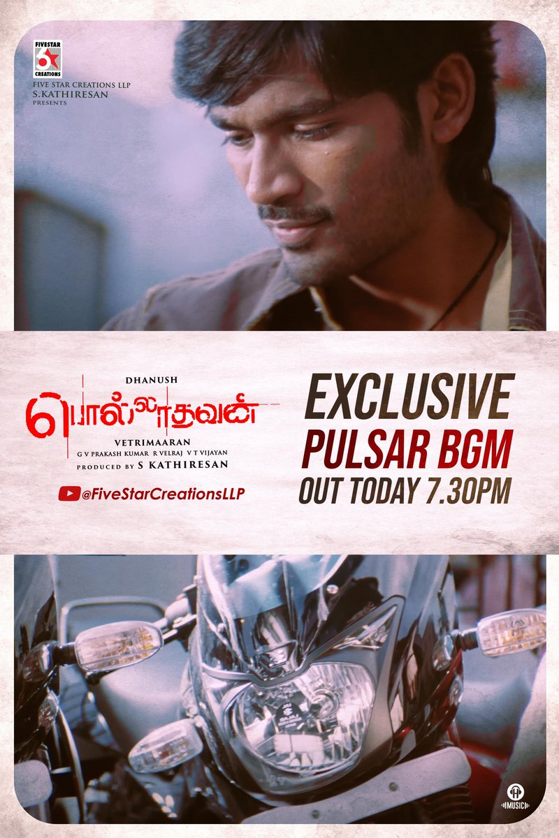 S Kathiresan (@kathiresan_offl) on Twitter photo #PulsarBGM releasing today at 7.30pm… stay tuned
#PolladhavanOST <a href="/dhanushkraja/">Dhanush</a> <a href="/gvprakash/">G.V.Prakash Kumar</a> #Vetrimaaran <a href="/hmusicindia/">H Music</a> <a href="/5starcreationss/">Five Star Creations LLP</a> #PulsarBGM releasing today at 7.30pm… stay tuned
#PolladhavanOST <a href="/dhanushkraja/">Dhanush</a> <a href="/gvprakash/">G.V.Prakash Kumar</a> #Vetrimaaran <a href="/hmusicindia/">H Music</a> <a href="/5starcreationss/">Five Star Creations LLP</a>