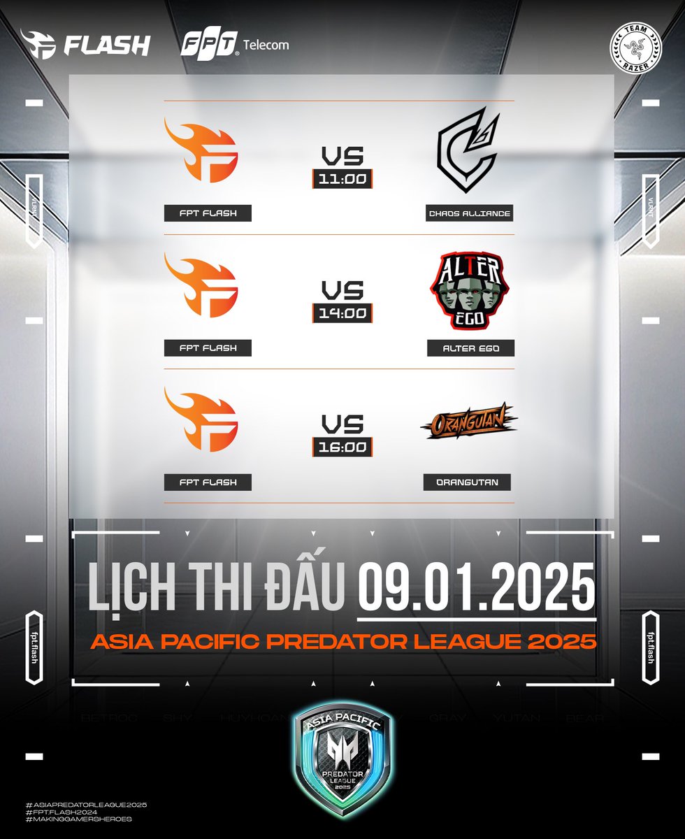 flashvalorantvn's tweet image. On January 9, 2025, FPT Flash will play in the Asia Pacific Predator League 2025. 
👉11:00: FPT Flash vs Chaos Alliance. 
👉14:00: FPT Flash vs. Alter Ego 
👉16:00: FPT Flash vs. Orangutan
#FPTFlash #FPTTelecom #FPTPlay #Razer #TeamFlash #MakingGamersHeros #TeamFlashValorant