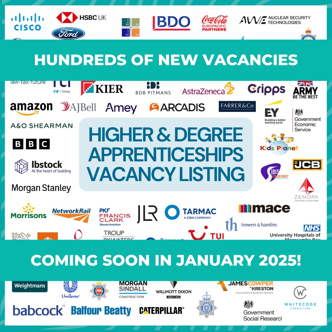 The January Higher &amp; Degree #Apprenticeships Vacancy Listing will be going live in the next few weeks with lots of new employers and vacancies!

Until then, why not discover amazing opportunities from our October 2024 listing: tinyurl.com/5747s43f 

#NAW2025 #Careers #Jobs