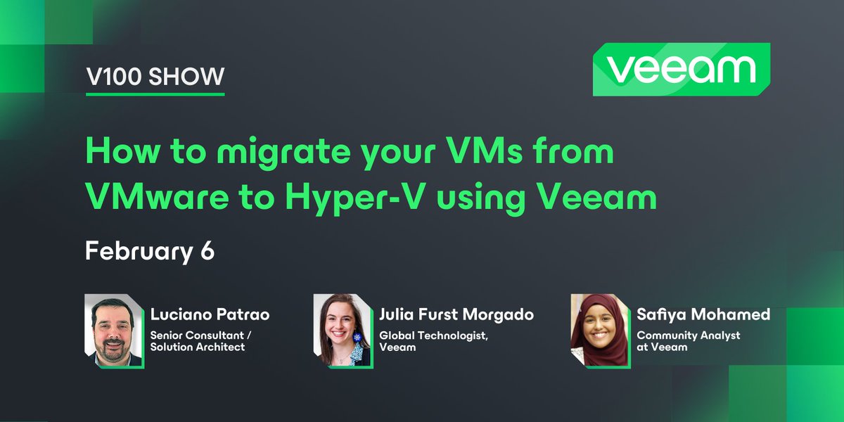 Veeam® Software (@veeam) on Twitter photo Mark your calendar 📅 for our next #Veeam100 show, featuring #VeeamVanguard <a href="/Luciano_PT/">Luciano Patrão</a> and Veeam's <a href="/juliafmorgado/">Julia Furst Morgado</a> + <a href="/safiomo/">safiya</a>. They’ll explore how easy it is to migrate from VMware to Hyper-V, including a live demo! RSVP now. bit.ly/3Way7Z1 Mark your calendar 📅 for our next #Veeam100 show, featuring #VeeamVanguard <a href="/Luciano_PT/">Luciano Patrão</a> and Veeam's <a href="/juliafmorgado/">Julia Furst Morgado</a> + <a href="/safiomo/">safiya</a>. They’ll explore how easy it is to migrate from VMware to Hyper-V, including a live demo! RSVP now. bit.ly/3Way7Z1