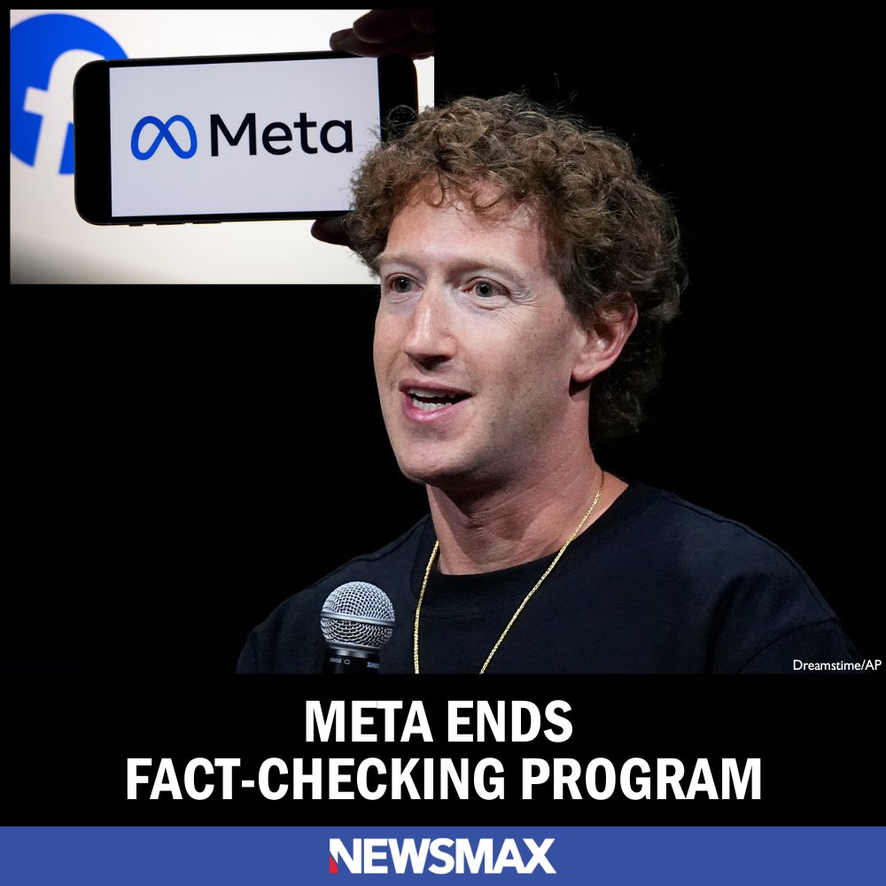 NEWSMAX's tweet image. Meta CEO Mark Zuckerberg on Tuesday announced that the company is ending its fact-checking program. MORE: bit.ly/3Wxvu3R
