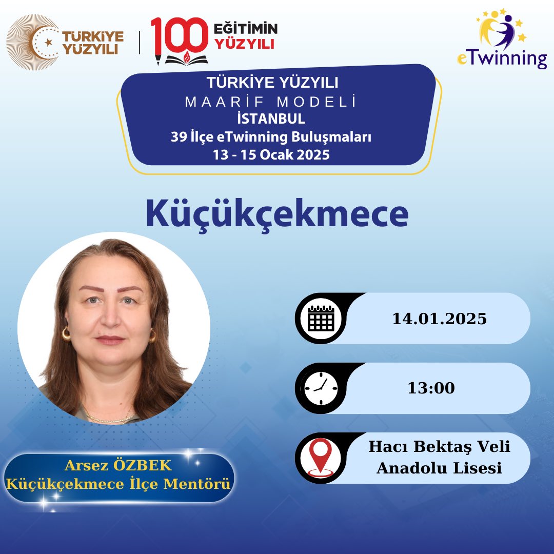 Küçükçekmece İlçe Millî Eğitim Müdürlüğü (@kucukcekmecemeb) on Twitter photo 📢 eTwinning Proje Bilgilendirme Eğitimi Başlıyor!
📅 Tarih: 14 Ocak 2025
⏰ Saat : 13.00
📍 Yer: Hacı Bektaş Veli Anadolu Lisesi
<a href="/istanbulilmem/">İstanbul İl Millî Eğitim Müdürlüğü</a>
<a href="/eTwinning_ist/">eTwinning İstanbul</a> @cikrikciemin 📢 eTwinning Proje Bilgilendirme Eğitimi Başlıyor!
📅 Tarih: 14 Ocak 2025
⏰ Saat : 13.00
📍 Yer: Hacı Bektaş Veli Anadolu Lisesi
<a href="/istanbulilmem/">İstanbul İl Millî Eğitim Müdürlüğü</a>
<a href="/eTwinning_ist/">eTwinning İstanbul</a> @cikrikciemin