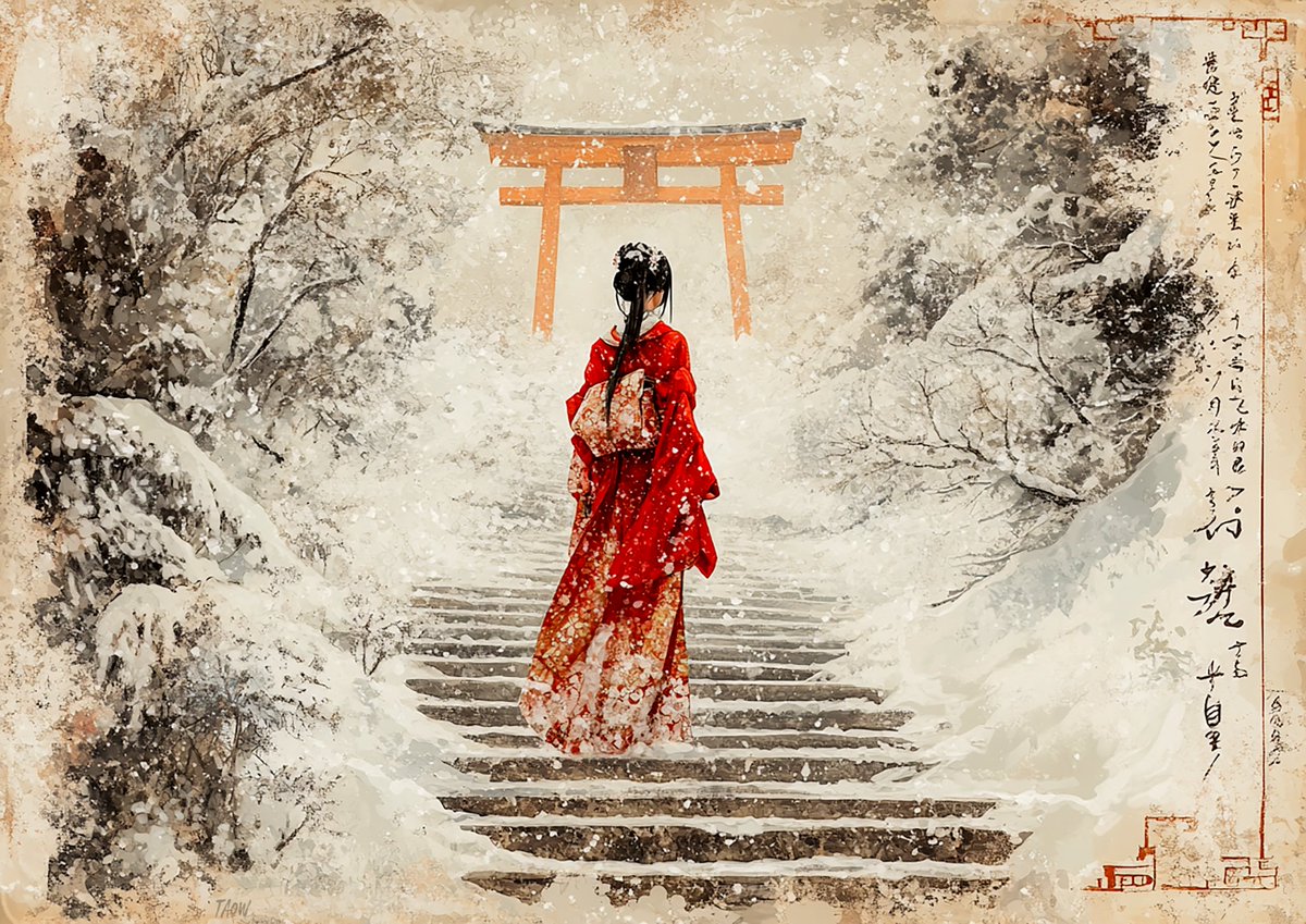 "A graceful Miko shrine maiden standing on snow-covered steps before a Torii gate" #midjourney