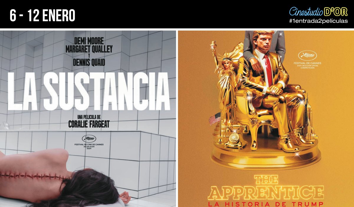 Cinestudio d'Or (@cinestudiodor) on Twitter photo Hasta el domingo:
17:15h. #LaSustancia
19:40h. #TheApprentice
21:45h. #LaSustancia
J V 🎫 4€ (3,5€ con dto.)
S D 🎫 5€
#1entrada2películas
cinestudiodor.es Hasta el domingo:
17:15h. #LaSustancia
19:40h. #TheApprentice
21:45h. #LaSustancia
J V 🎫 4€ (3,5€ con dto.)
S D 🎫 5€
#1entrada2películas
cinestudiodor.es