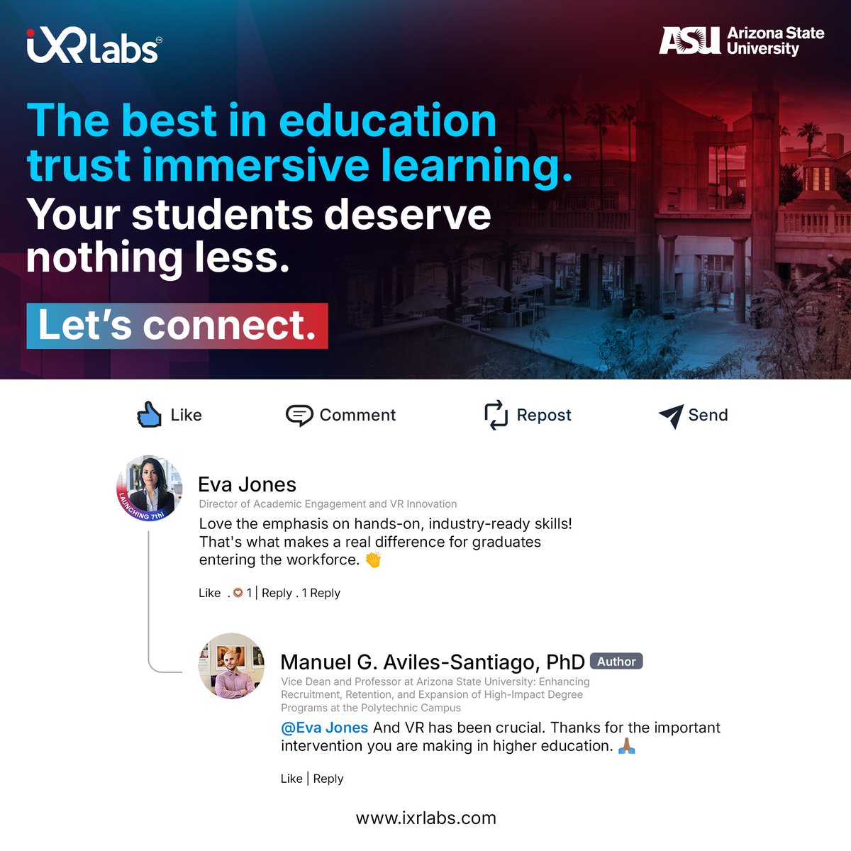 ixr_labs's tweet image. ASU proves that innovation = results! 🚀 

#2 in employability among public universities?  Yes, please! 🙌

ASU is proving that VR in education WORKS. 

#VRinEducation #highereducation #virtualreality #university #Arizona #vr #asu