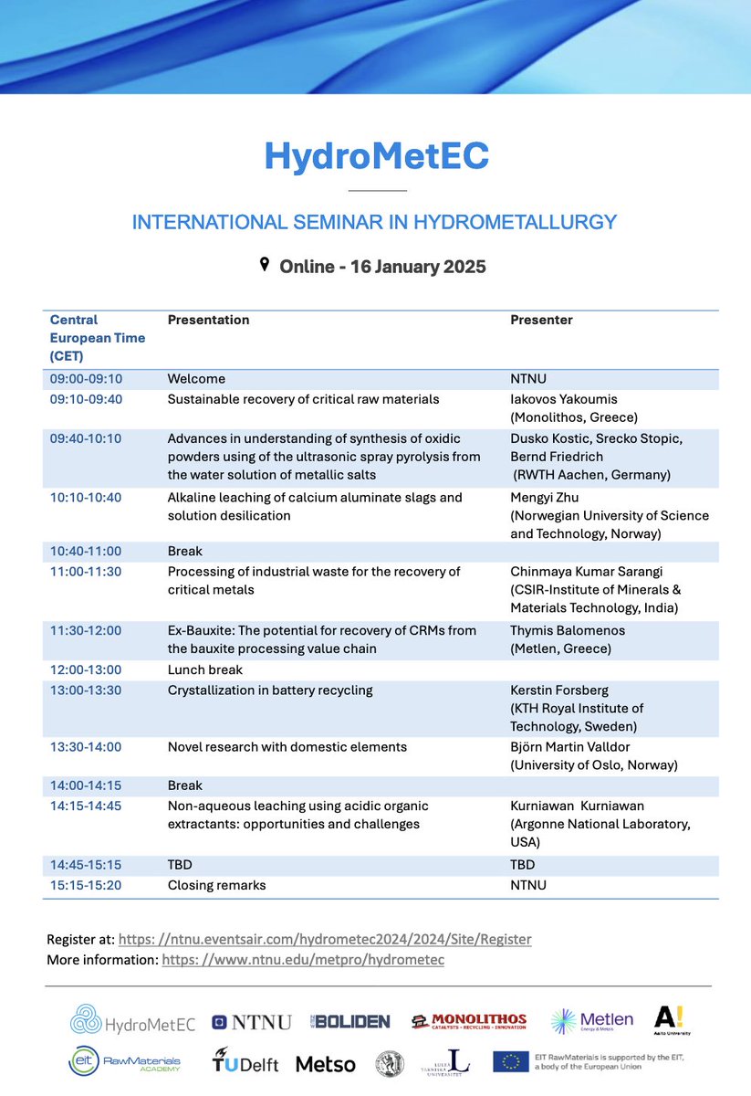 📢 HydroMetEC Course – Part II | 16 Jan 2025 | Online
Join the International Seminar in Hydrometallurgy on sustainable innovations in raw materials.
ℹ️ Details: bit.ly/420Ijaj
📋 Register: bit.ly/4adB4xF