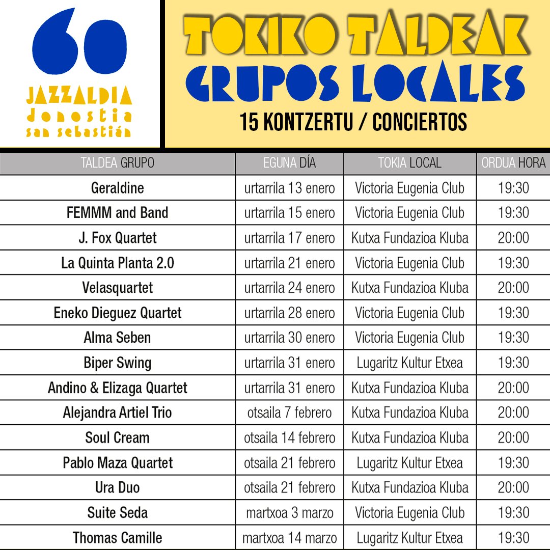 Tokiko Taldeak / Grupos Locales
Gaur / Hoy (19:30) - Victoria Eugenia Club:

🎸ALMA SEBEN🎷

🎟️Gonbidapenak 17:00etatik aurrera Victoria Eugenia Antzokiko leihatiletan

🎟️ Invitaciones a partir de las 17:00 en el Teatro Victoria Eugenia

#60Jazzaldia #DonostiaKultura #Donostia